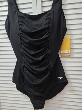 Speedo Black Ruched Fitness One-Piece Swimsuit, Size 16